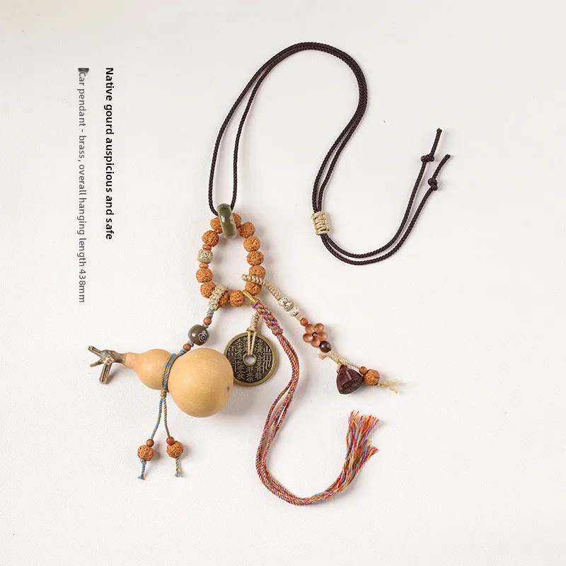 Chinese Style Retro Tibetan Lucky Car Hanger Hand Braided Natural Gourd Mountain Ghost Coin Vajra Bodhi Tassel Pendant Auspiciou