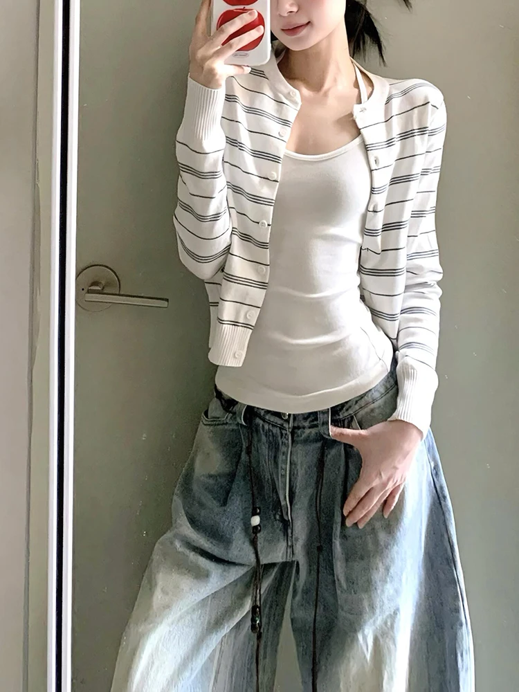 Trendy Striped Knitted Cardigan Coat Women's Short Style Inner Wear Autumn Winter Fashion Small Size Friendly Commute Style