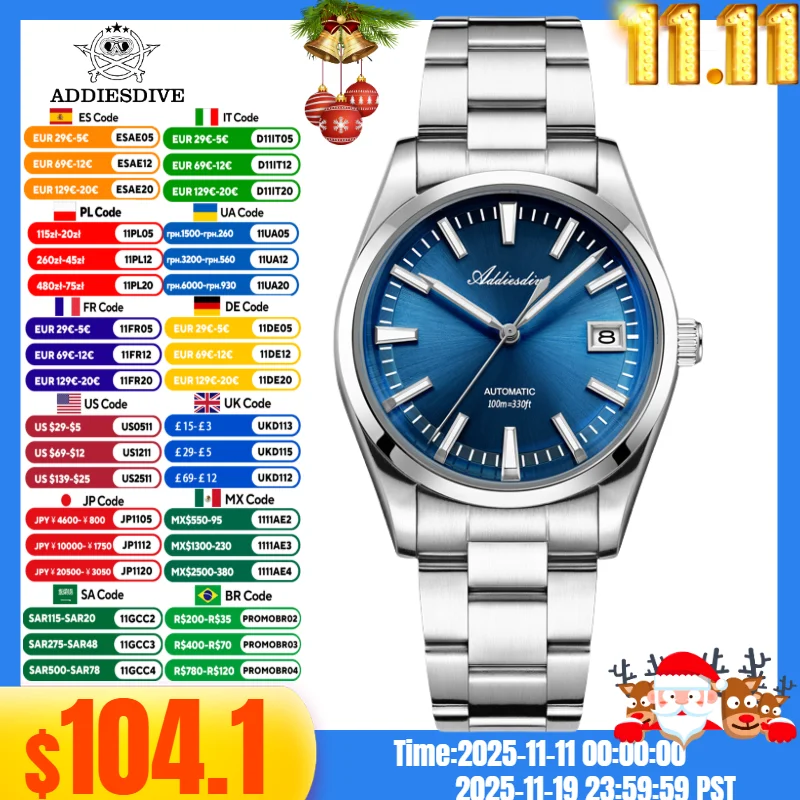 

ADDIESDIVE 39mm AD2077 Men Fasion Watch reloj hombre BGW9 Super Luminous 100m Waterproof Japan NH35A Automatic Mechanical Watch