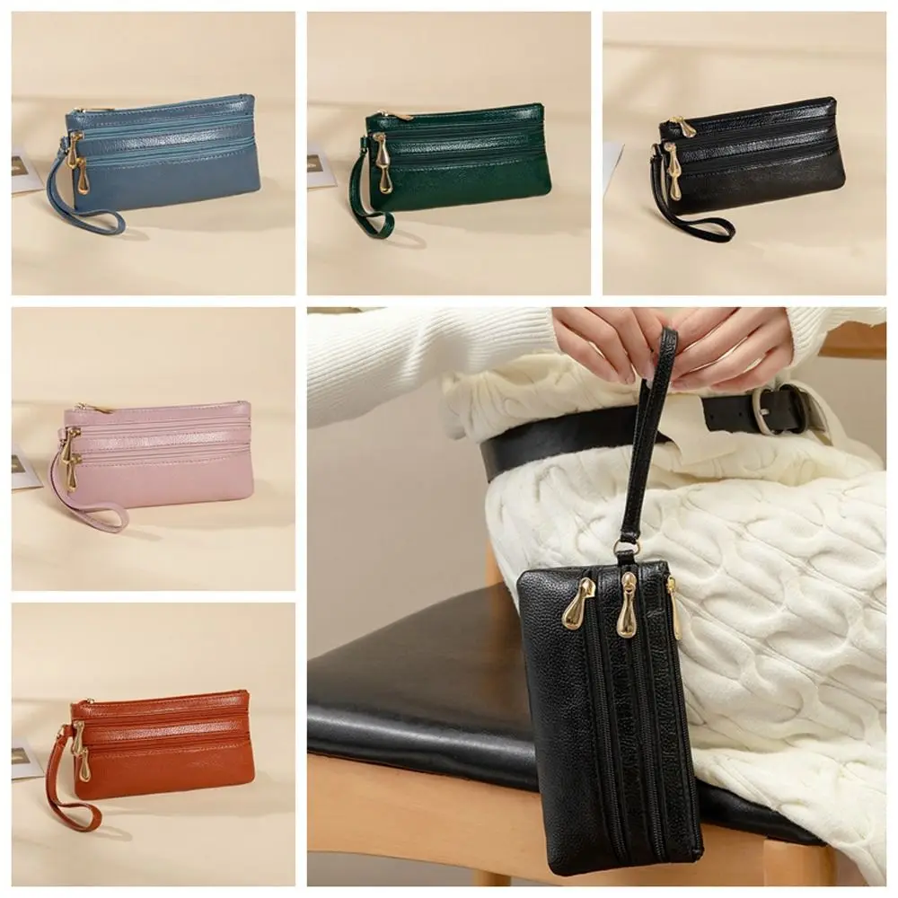 

Elegant Solid Color Two Zipper Coin Purse Large Capacity Korean Style Lychee Pattern Long Wallet Handbag Card Holder Female/Male