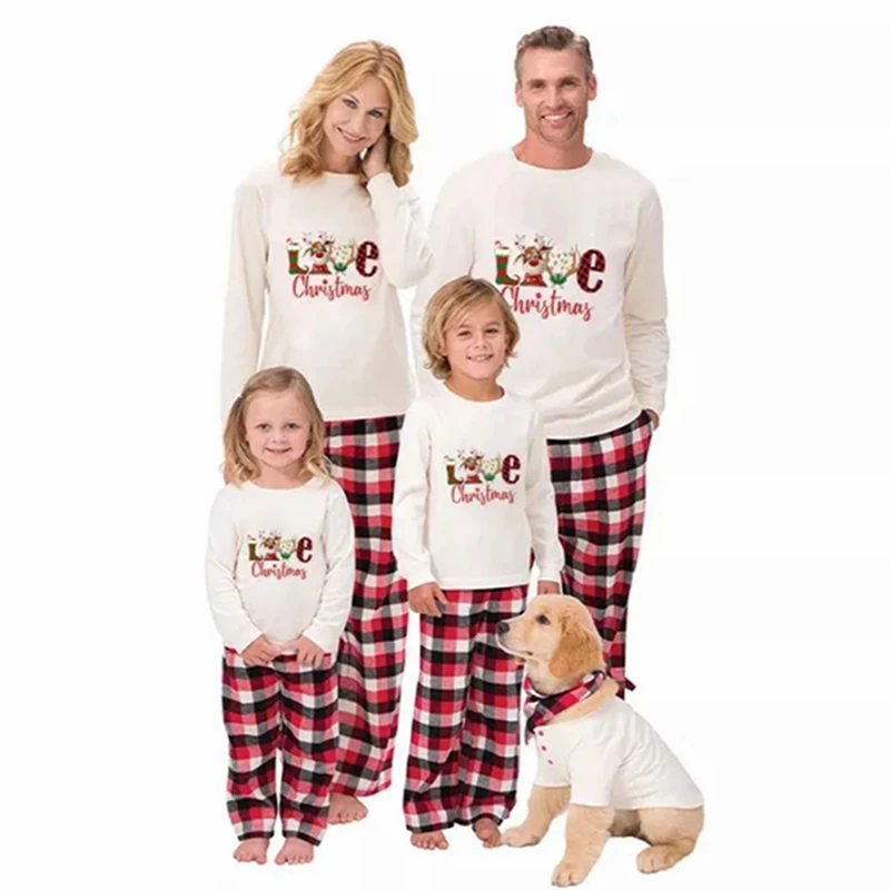 

Matching Family Christmas Pajamas Baby Romper Dog Clothes Letter Deer Print Long Sleeve Tops and Plaid Pants Sleepwear Set