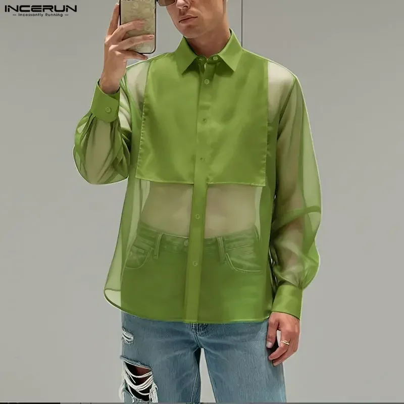 INCERUN Men Shirt Mesh Patchwork See Through Lapel Long Sleeve Men Clothing Streetwear Sexy Loose Fashion Casual Tops Camisas