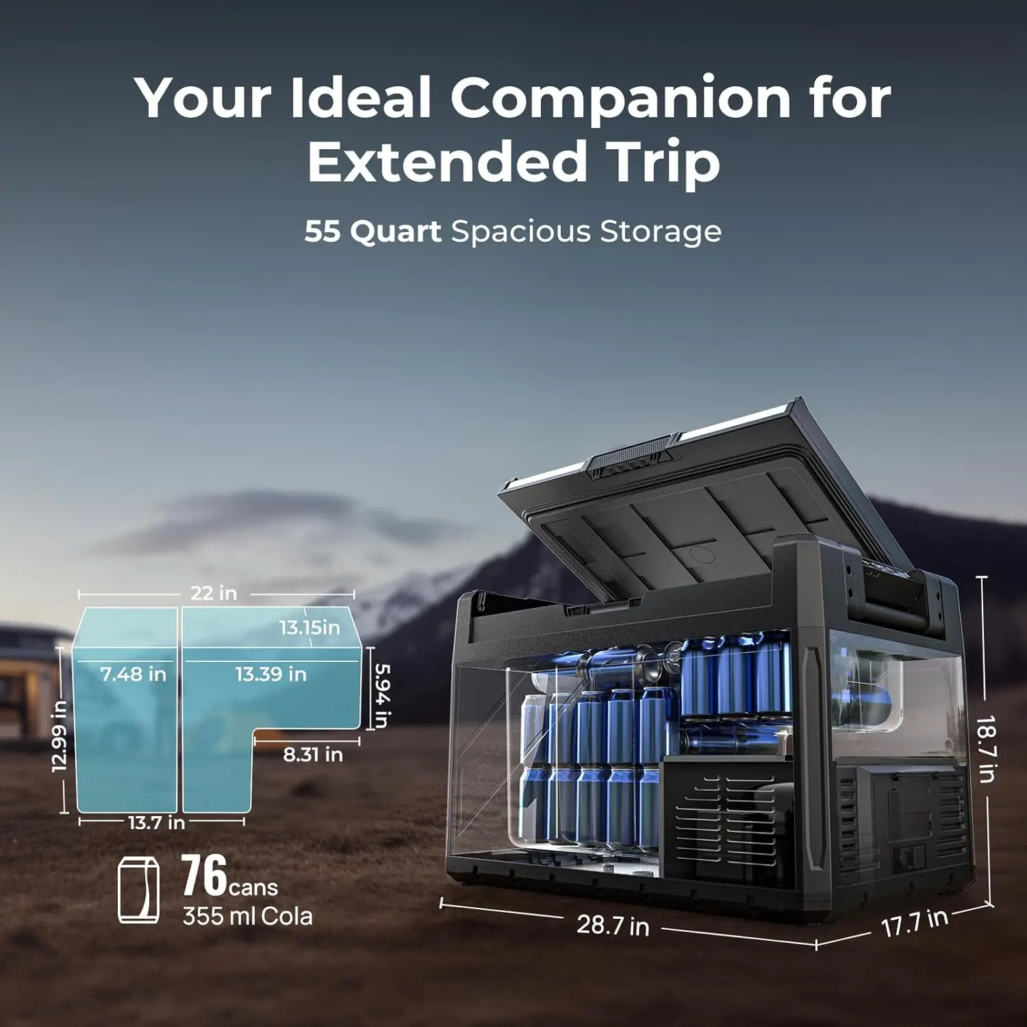Portable Dual Zone 12V Car Fridge Freezer, 55 Quart Compressor Cooler with 240Wh Battery, APP Control - Ideal for Overlanding, Camping, Travel, RV, Truck (2026 Model) - view 4