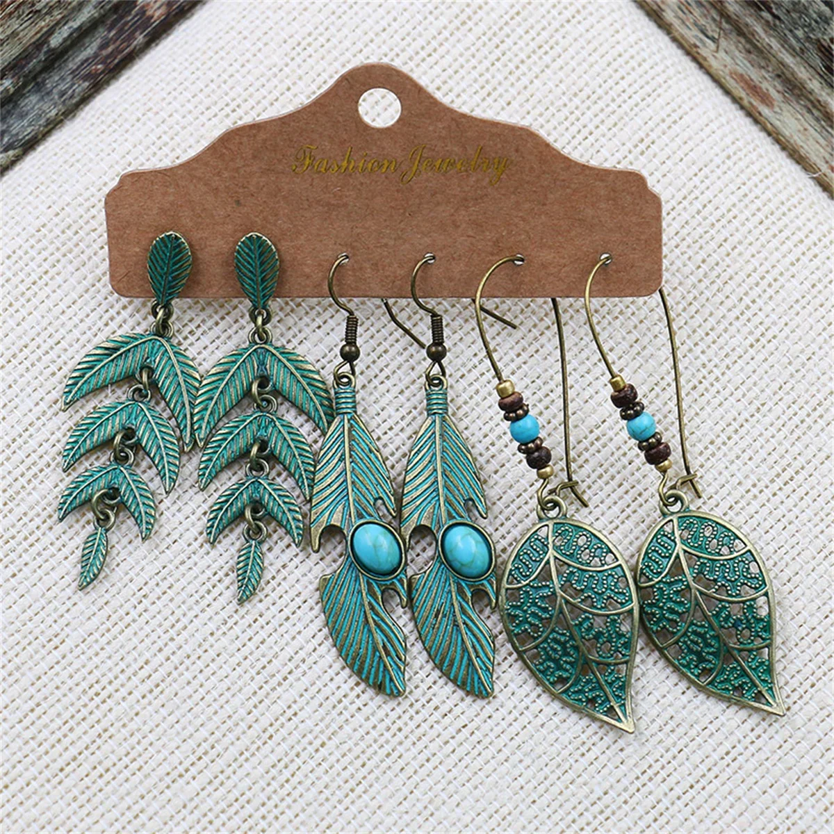Trio Women Bohemia Geometric Shape Drop Earring Set Brass OX Plating Colorful Round Water Drop Shape French Wire Dangle Earrings