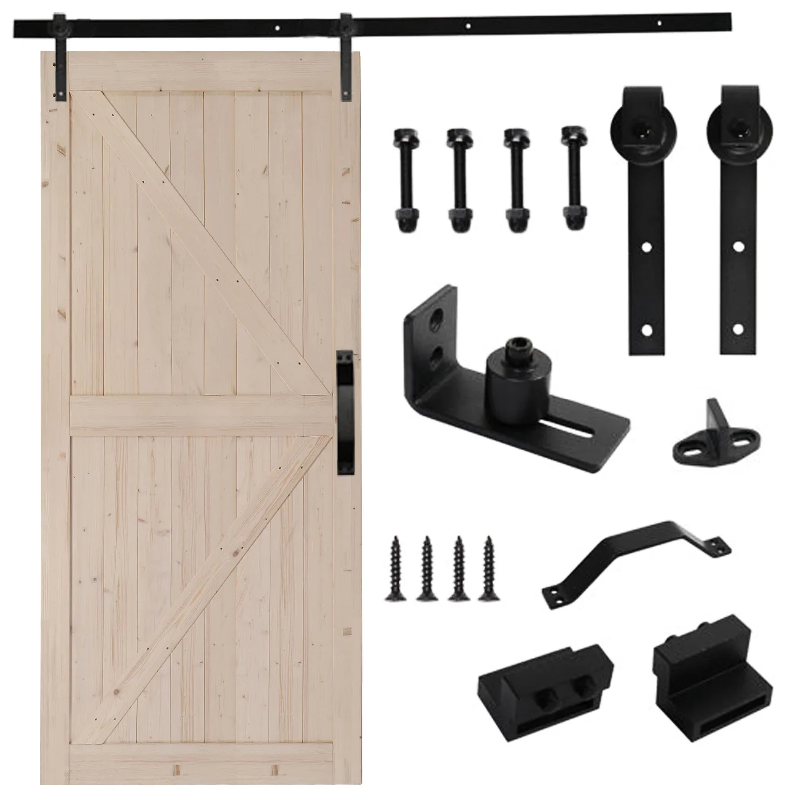 US Stock 42 in. X 84 in. Unfinished Sliding Barn Door with 7FT Barn Door Hardware Kit & Handle ，K Frame，Solid Spruce Wood