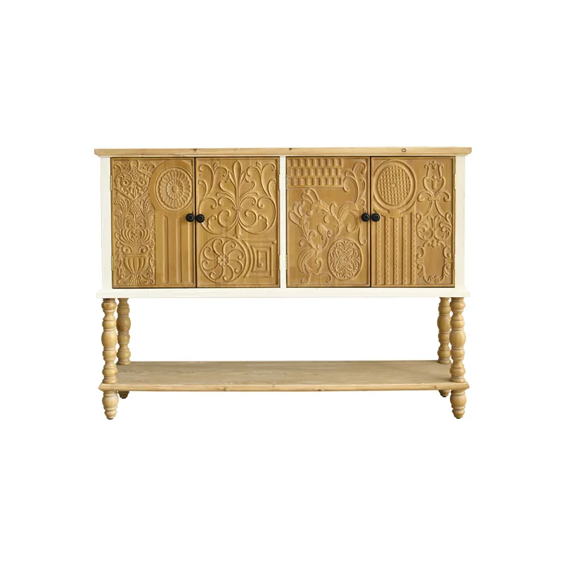 

usehold dining side cabinet rubber wood engraved solid wood cabinet foot removable four doors two layers cabinet home decoration