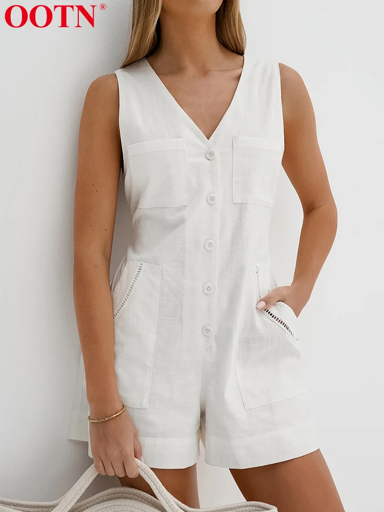 OOTN Casual Jumpsuit Women V Neck Sleeveless Cotton Linen  White 2024 Summer Fashion Lace Up Woman Button Up Pockets Solid Chic