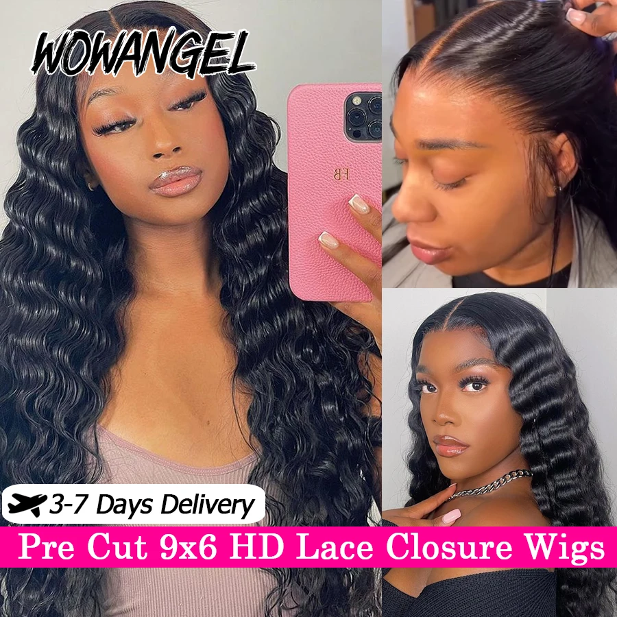 WOWANGEL 250% Pre Cut 9x6 HD Lace Closure Wigs 34in Loose Deep Wave Glueless Wig Human Hair Ready To Wear Skins Melted Remy Hair