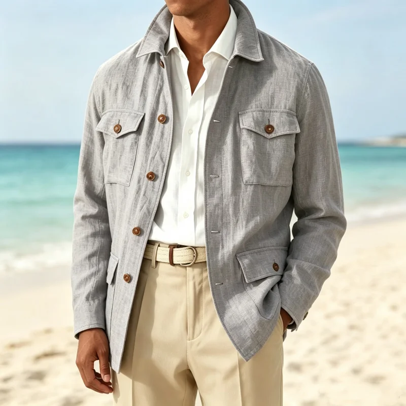 Vintage Cotton Linen Safari Men's Jacket  Multi-Pocket Lightweight Breathable Lapel Blazer Wide Leg Pants Beach Wedding Summer