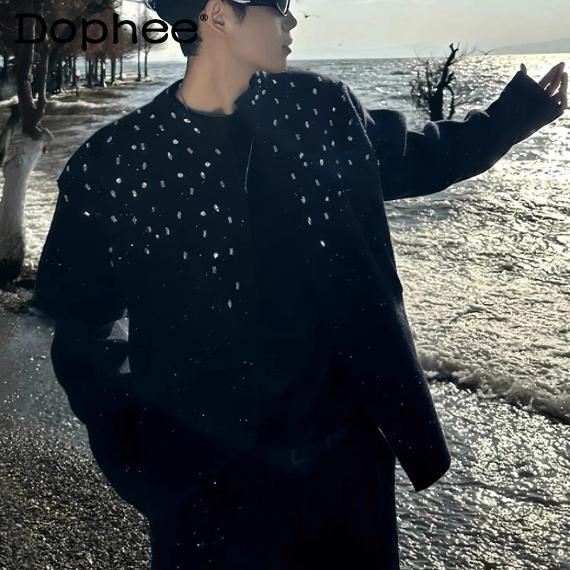 

Мужской осенний новый модный стильный высококачественный свободный вязаный свитер, куртка, однотонный маленький ароматный кардиган со стразами