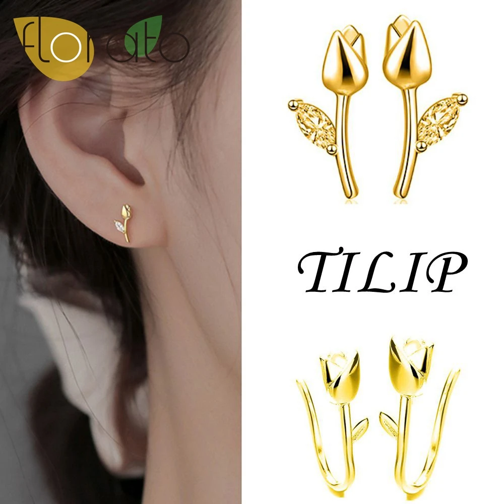 YUXINTOME 925 Silver Needle earrings Prevent Allergy Tulip Flowers Stud/hoop Earrings for Women Elegant Wedding Party Jewelry