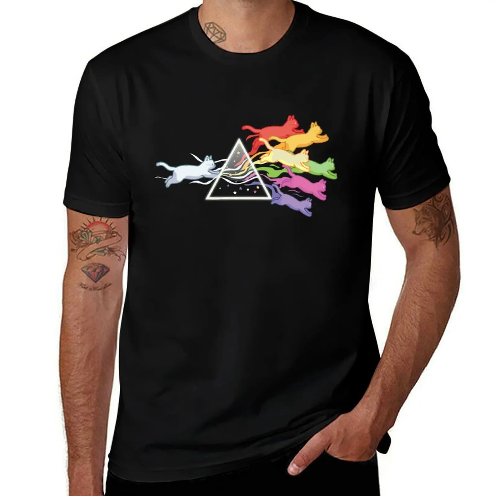 Cat Prism Rainbow Light Funny Physics Science Spectral Cat T-Shirt Trendy Casual Short Sleeve Shirt T-Shirt