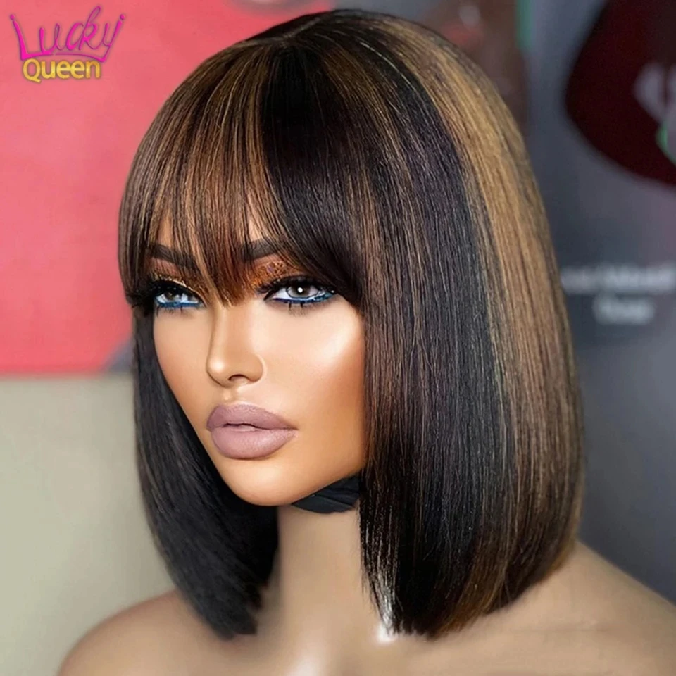 Full Machine Wigs Highlight Brown Colored Bone Straight Human Hair Bob Wigs P1B 30 Human Hair With Bangs For Women No Lace Wigs