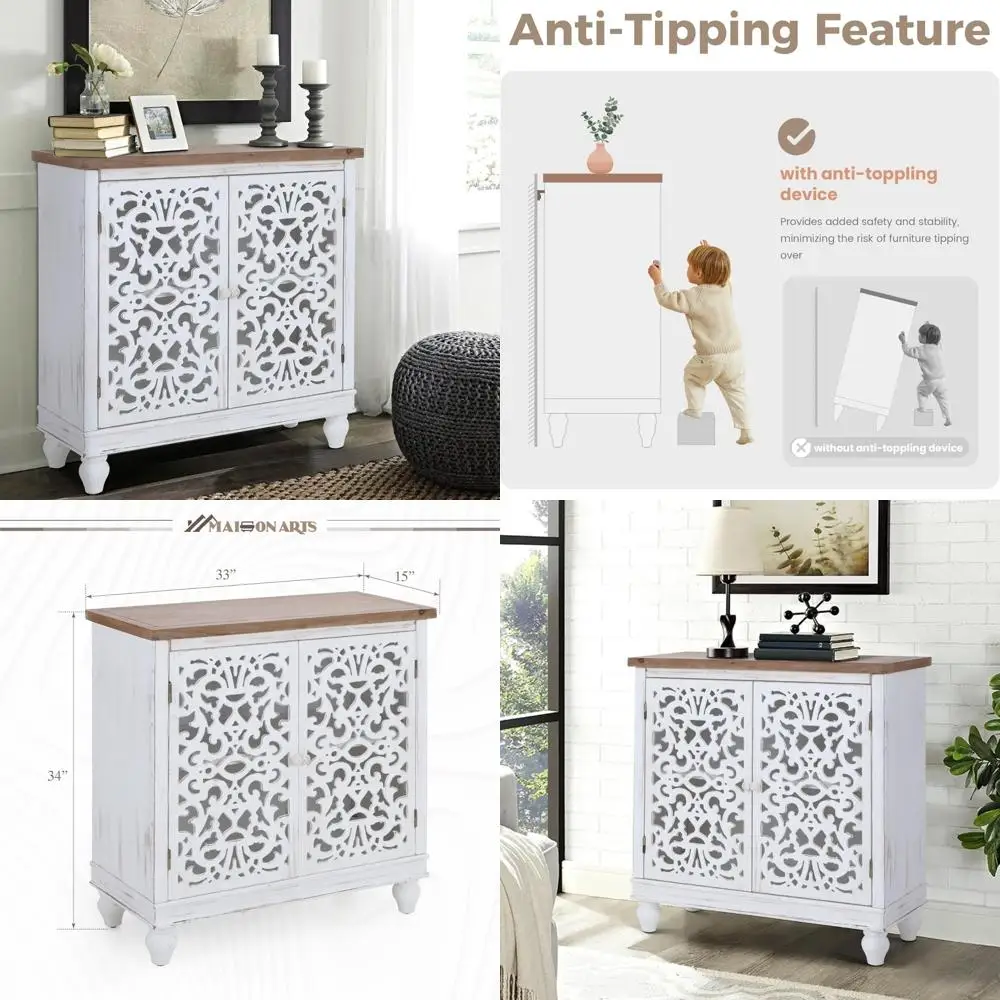 rustic white double-door accent cabinet, farmhouse style storage, 33