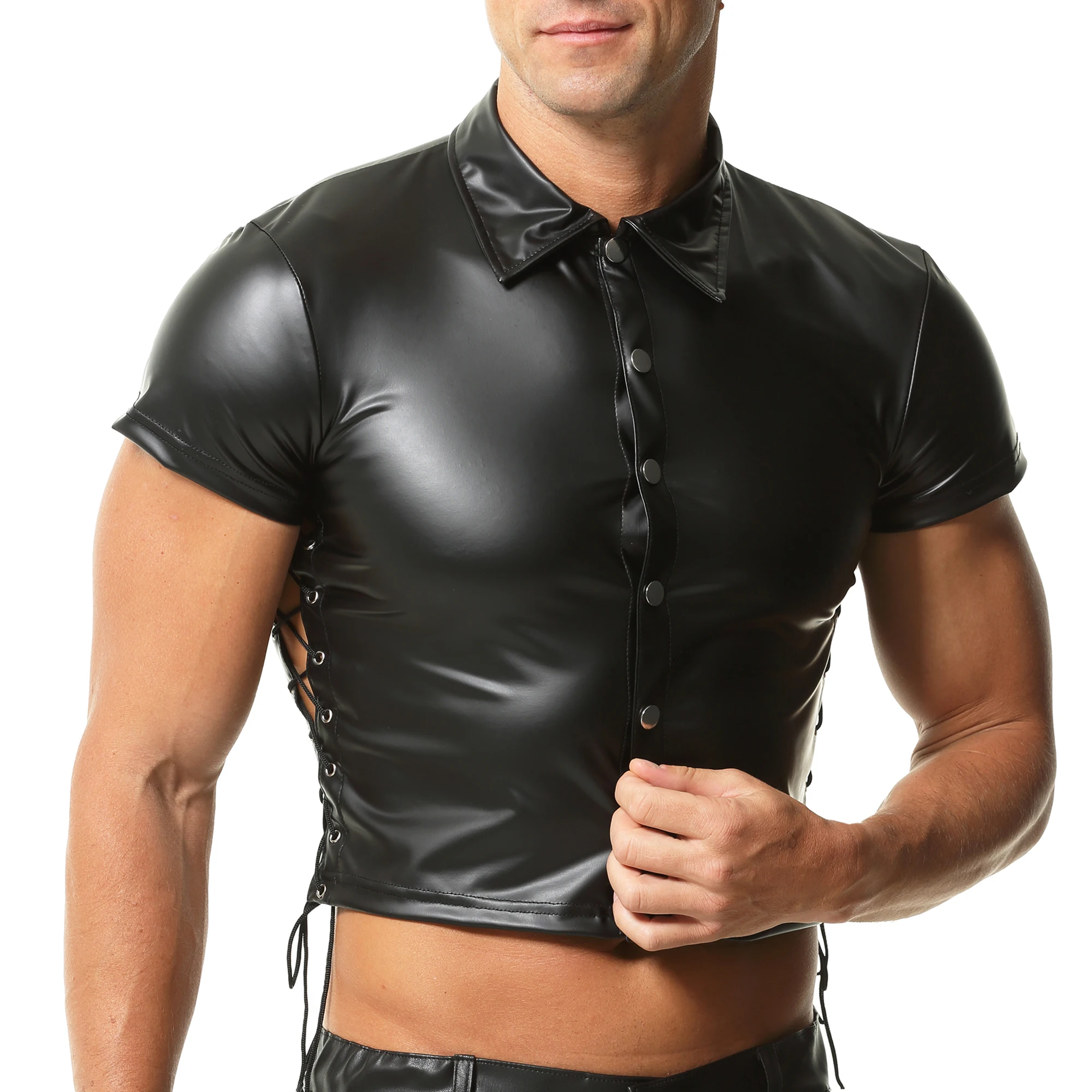 

Black Fashion Mens Umbilical PU Leather Top Side Strap Button Design New Shirt Men Leisure Club Party Clothing Glossy Pants Set