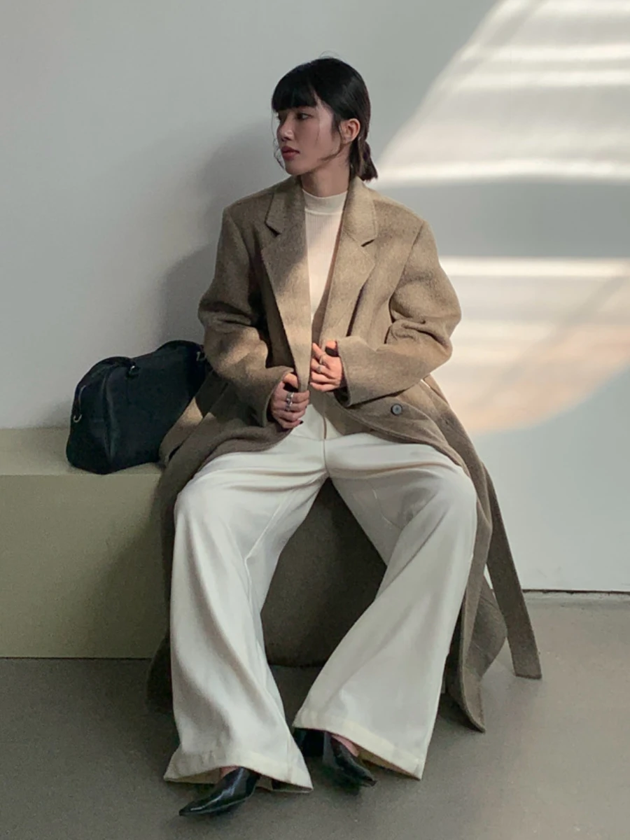 

Ltoo Woolen Suit Jaet Women's Mid-Length Waist-Cinching Belted Coat Ele Commute Sle Long Sve Color