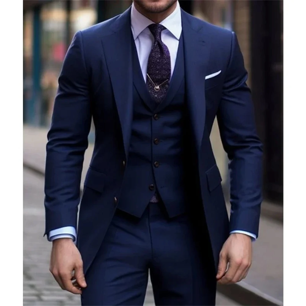 Navy Blue Casual Mens Suits Casual 3 Pieces Slim Fit Notched Lapel Formal Wedding Groom Wear Blazer Tuxedos (Blazer+Pants+Vest)