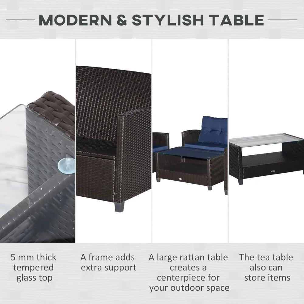 Ensembles de meubles de Patio 4 pièces avec coussins, chaises de Conversation en osier et rotin PE avec Table basse à deux niveaux pour arrière-cour