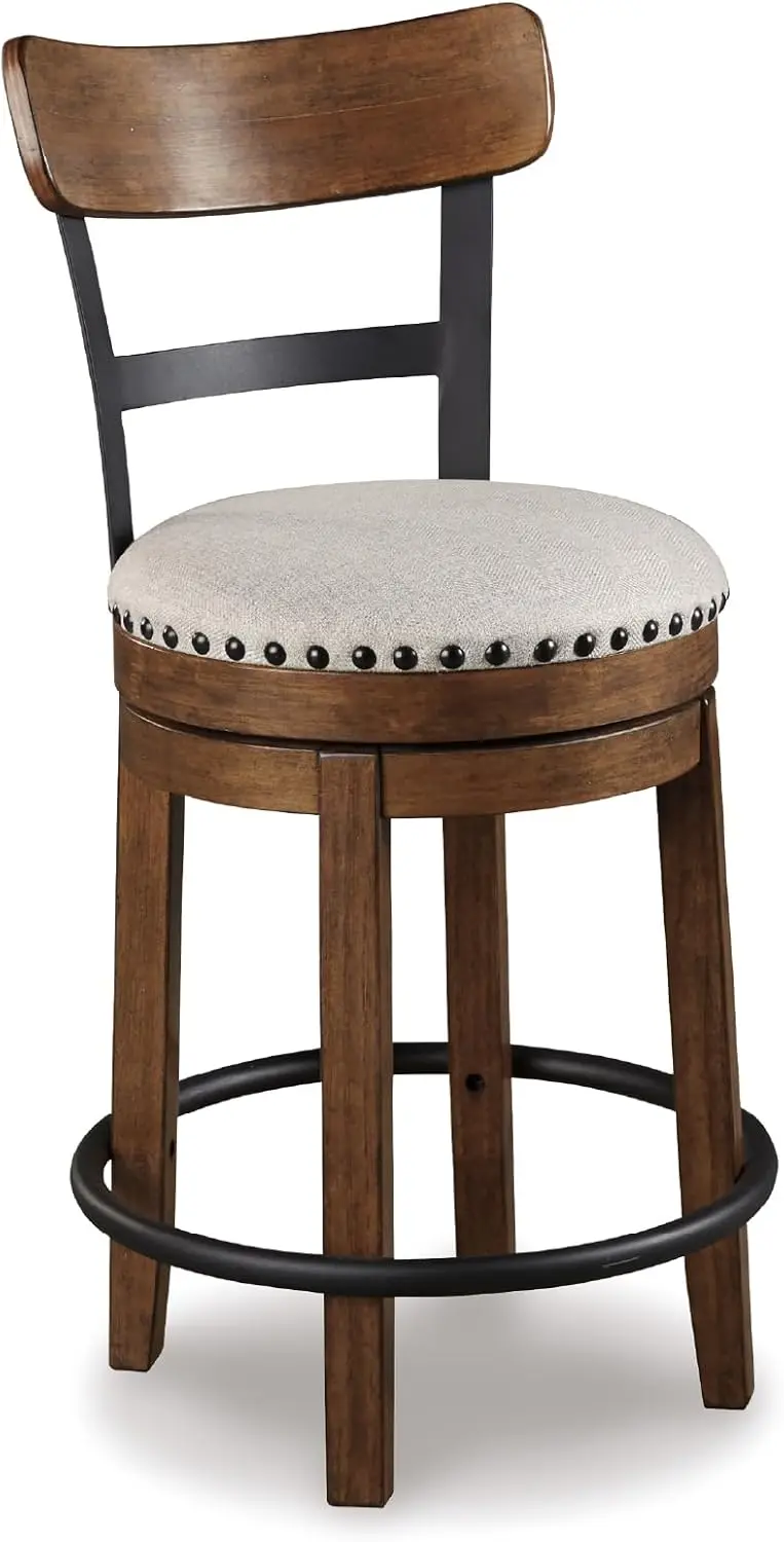 Valebeck Rustic Farmhouse Swivel Counter Height Bar Stool – 24.5″, 360° Swivel Chair Metal & Wood Frame, Polyester Upholst