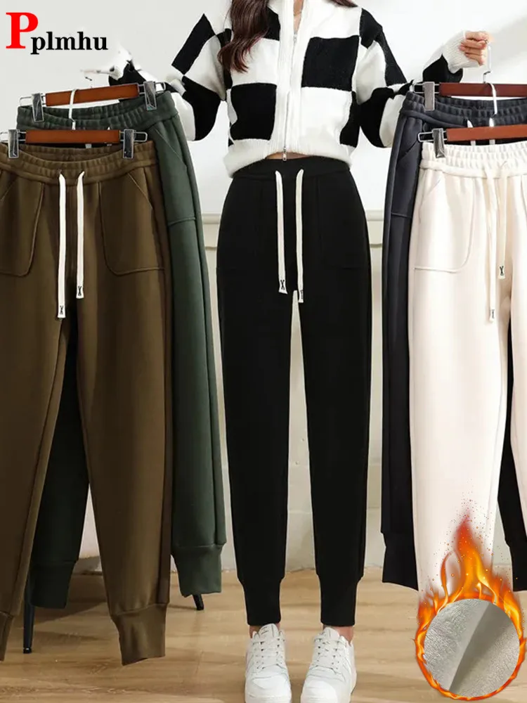 Pantalones Cargo ajustados de tubo recto para mujer, ropa de trabajo informal de pierna ancha, pantalones gruesos de felpa, otoño e invierno, 2023