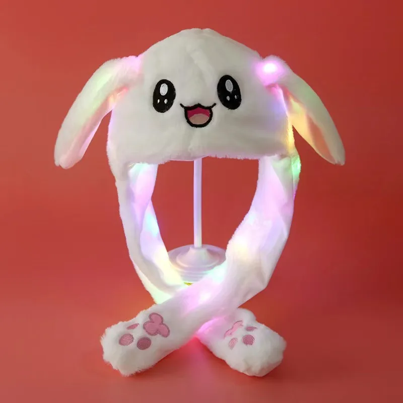 Kawaii Glowing Bunny Hat With Moving Ears LED Light Up Rabbit Hat Boy Girl Plush Cap Keep Warm Hat Birthday Gift Photo Props