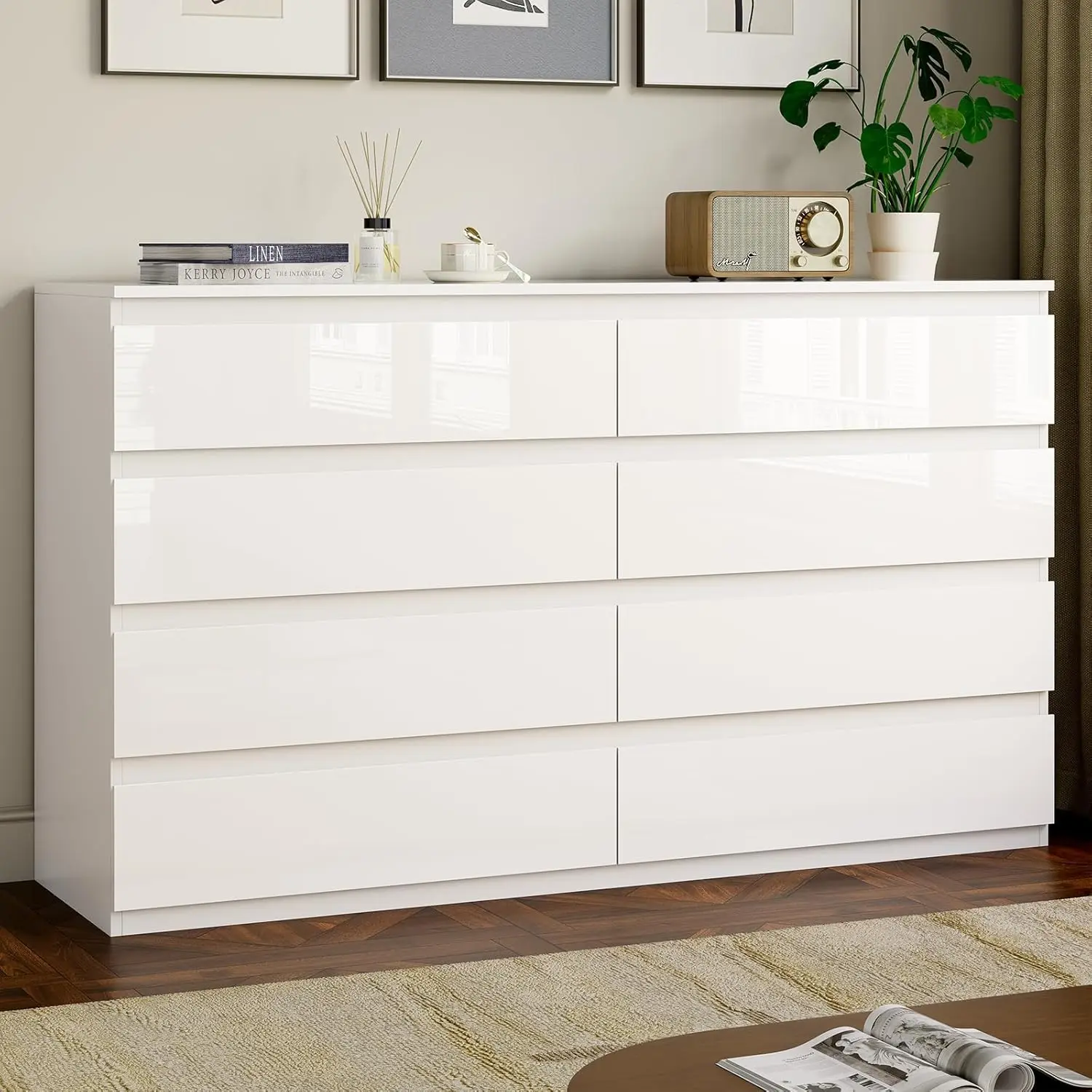 White Wood Dresser for Bedroom, Living Room, Entryway - 8 Wide Drawers, TV Stand Compatible