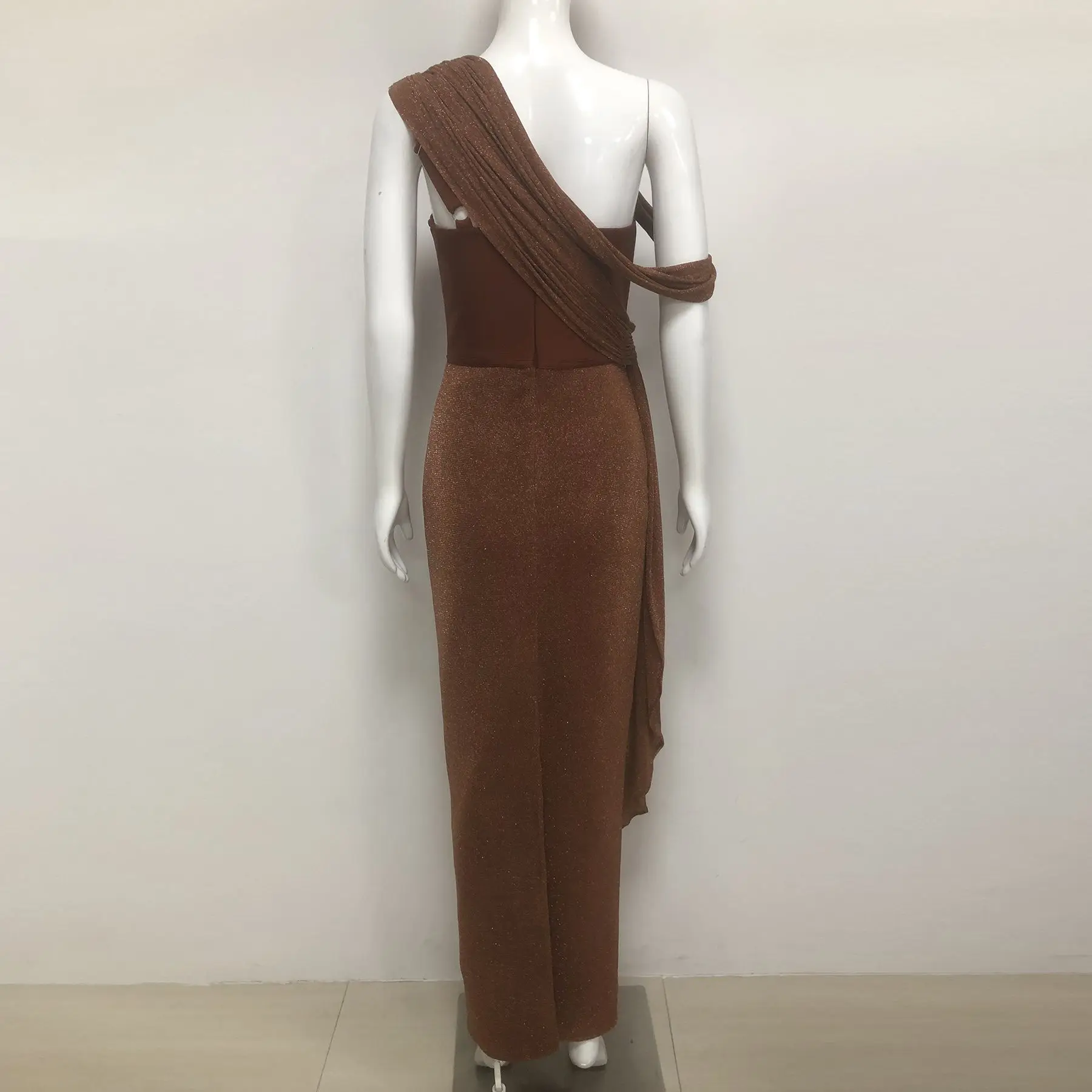 2025 mujeres celebridad Sexy un hombro Patchwork marrón ceñido vestidos Vestido elegante fiesta de noche Club Vestido