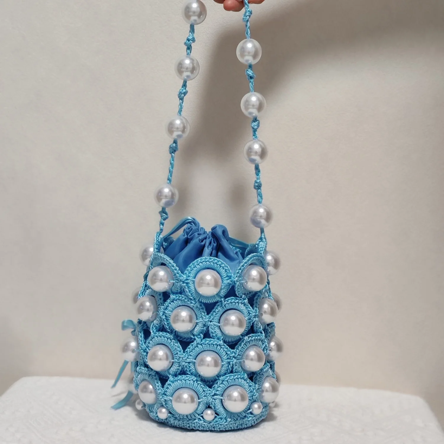Luxury Handmade Crochet Pearl Bucket Bag for Women – Elegant Beaded Shoulder Bag, Cute Mini Drawstring Purse, Summer Party Eveni image 2