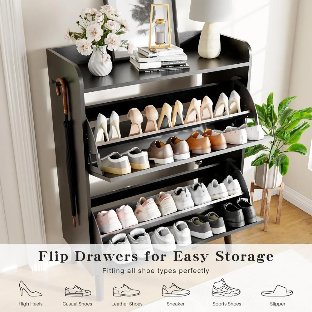 

Shoe Storage Cabinet with 2 Flip Drawers & Metal Hooks, Narrow Entryway Shoe Organizer Cabinet with Adjustable, Customized