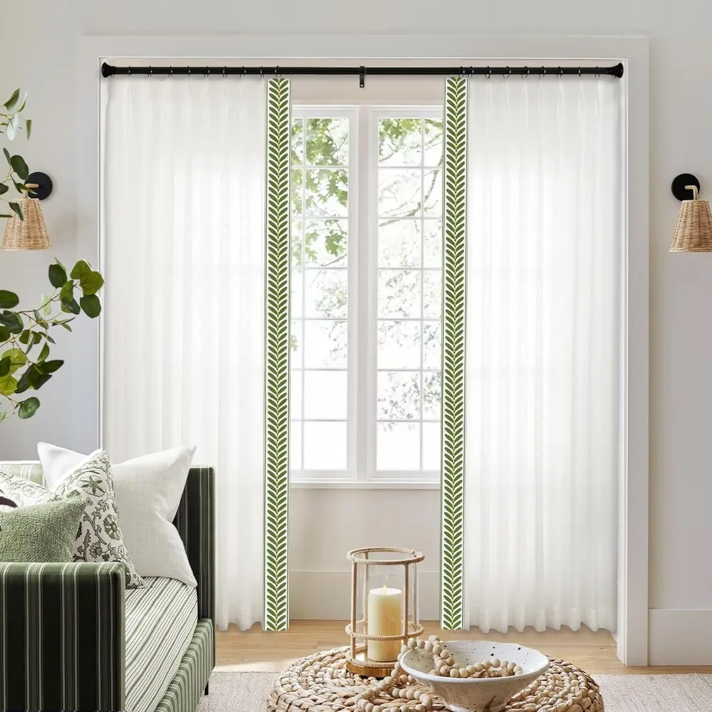 Cortinas plissadas com acabamento verde, conjunto de 2 painéis para portas deslizantes de pátio, cortinas de linho com filtragem de luz, 40" de largura