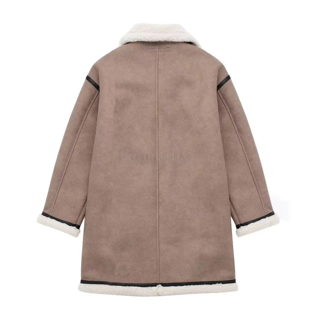 Garaouy 2024 Winter Women Faux Suede Lamb Down Long Motorcycle Jacket Female Single Breasted Loose Mid Length Coats Warm Outwear