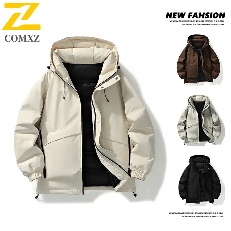 COMXZ Men Puffer Jacket Hooded Thick Warm Ski Street Loose Coldproof Travel Cotton Padded Jacket High Quality Snow Winter Jacket
