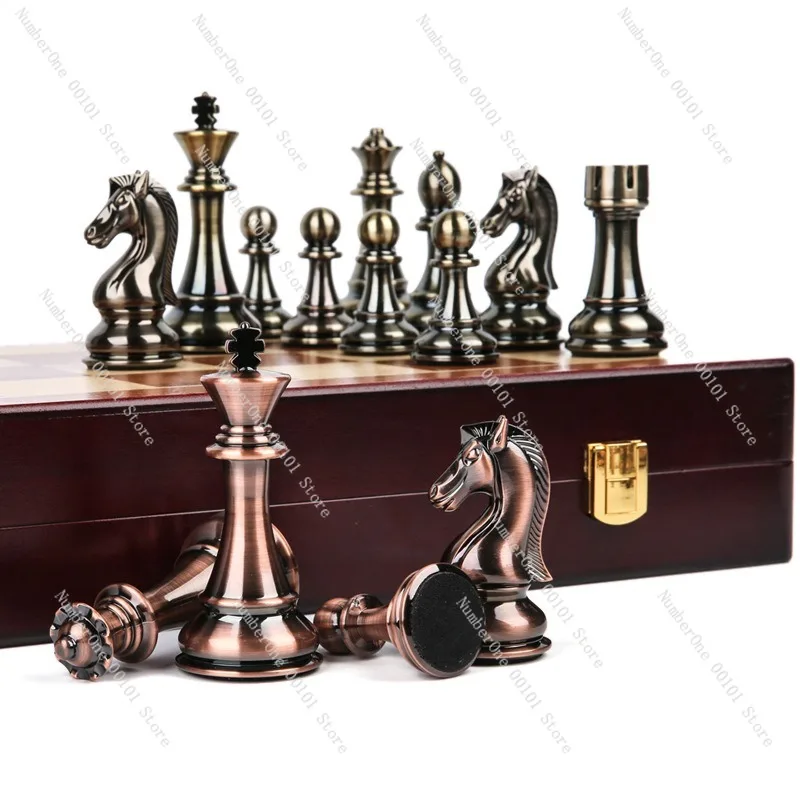 Luxury International Chess Set Metal Acrylic Electroplated Pieces Folding Wooden Chess Box Tournament Competition Board Game