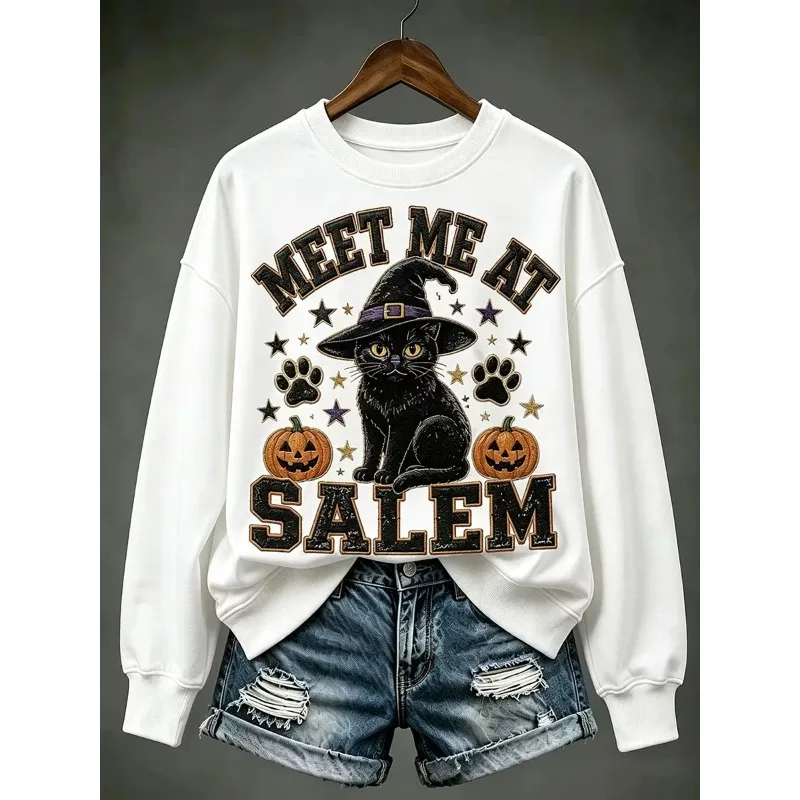 Meet Me At Salem Halloween Black Cat 3D Print Sweatshirt Family Matching Outfits Witch Hat Pumpkin Graphic Top Adults Kids