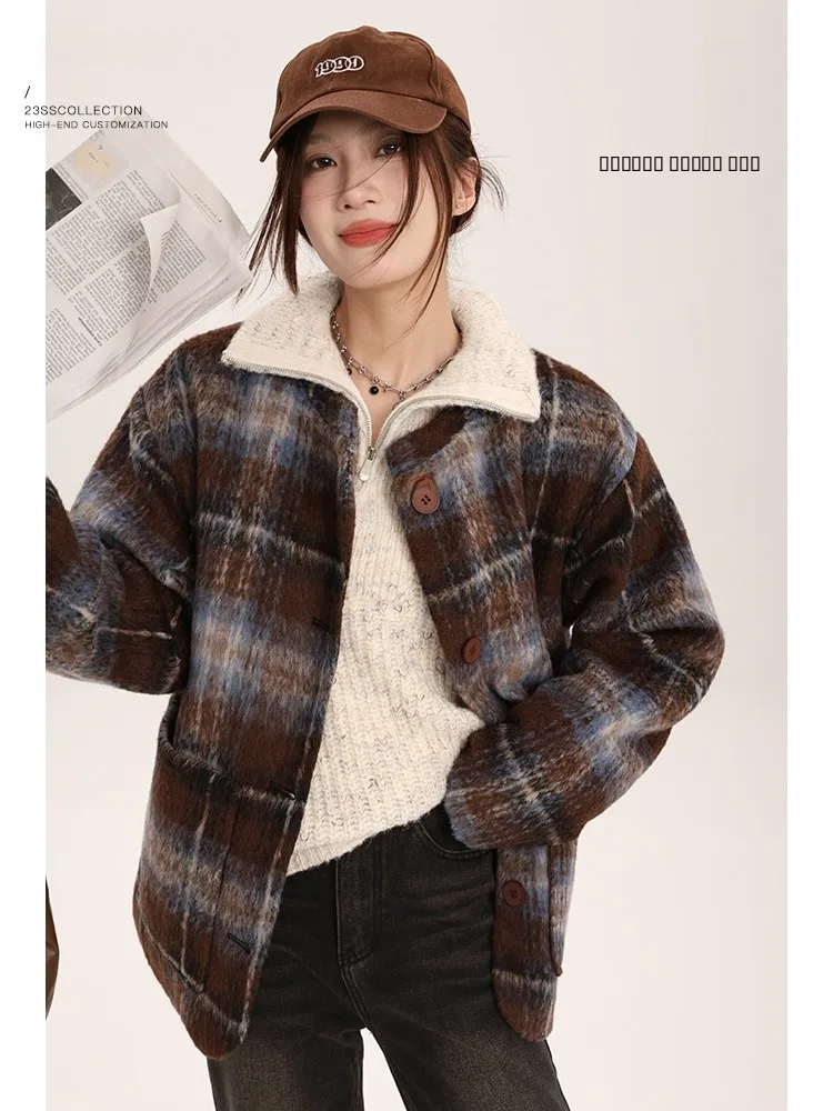 

Женское утепленное зимнее пальто в клетку с флисовой подкладкой, корейский стиль, приталенное, с длинными рукавами, круглым вырезом, на одной пуговице