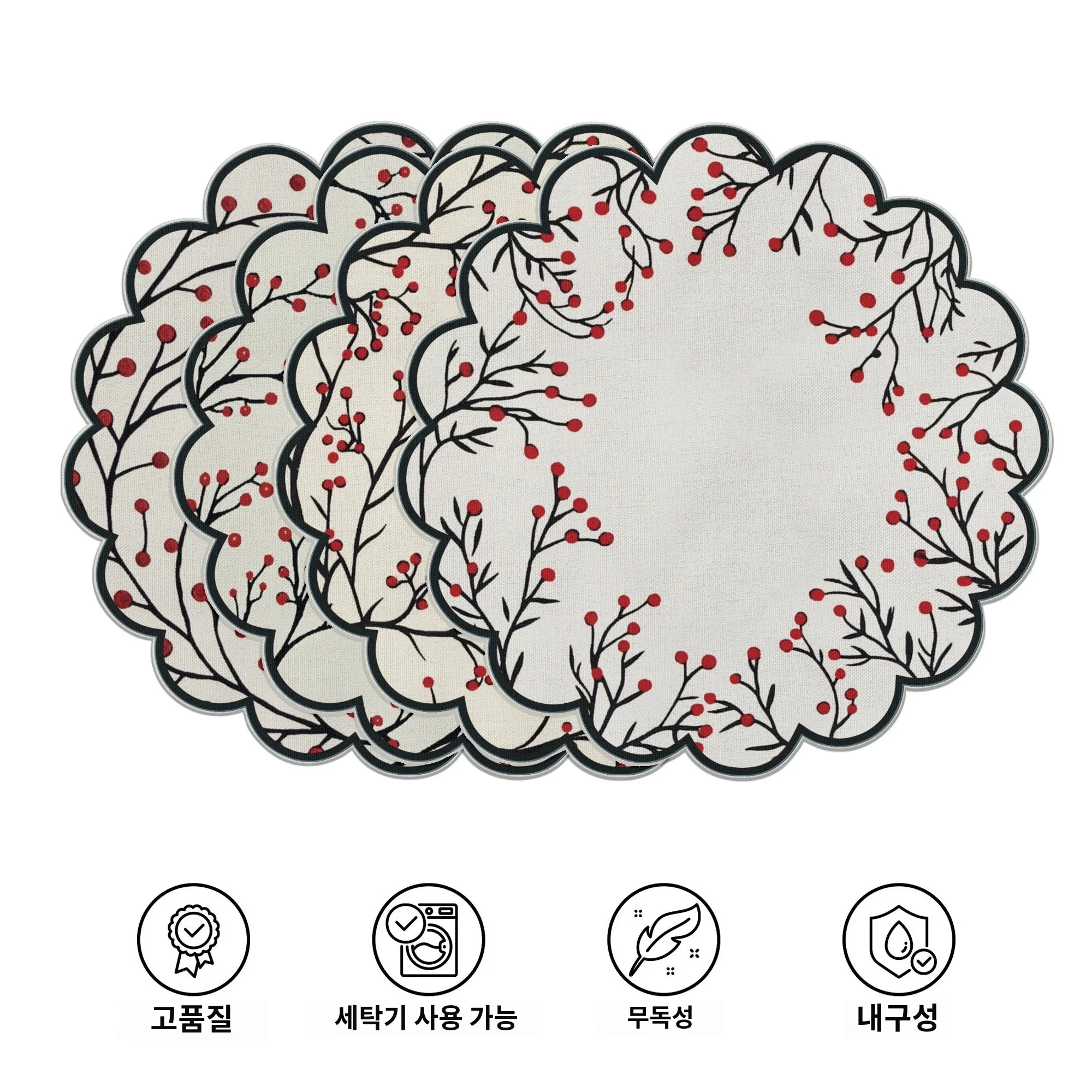 VIKAMA 4PC Natural Branch Red Fruit Placemats with Wavy Edges - Minimalist Style Home Table Decor and Accessories