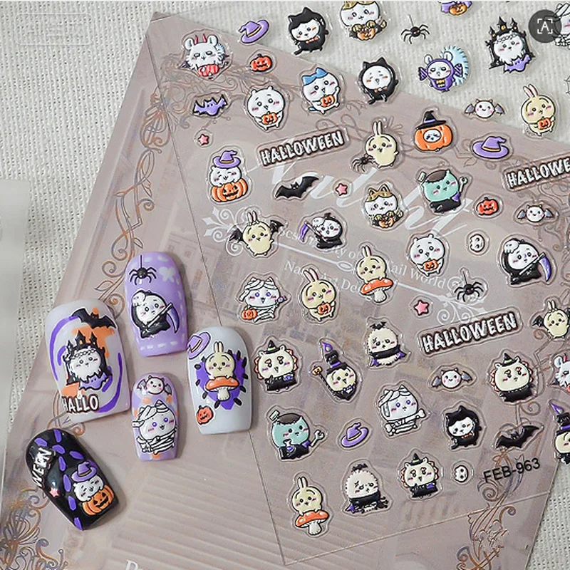 New Chiikawa 5D Embossed Nail Stickers Cute Cartoon Halloween Star Fast Food Self-Adhesive DIY Nail Art Decals for Women Girls