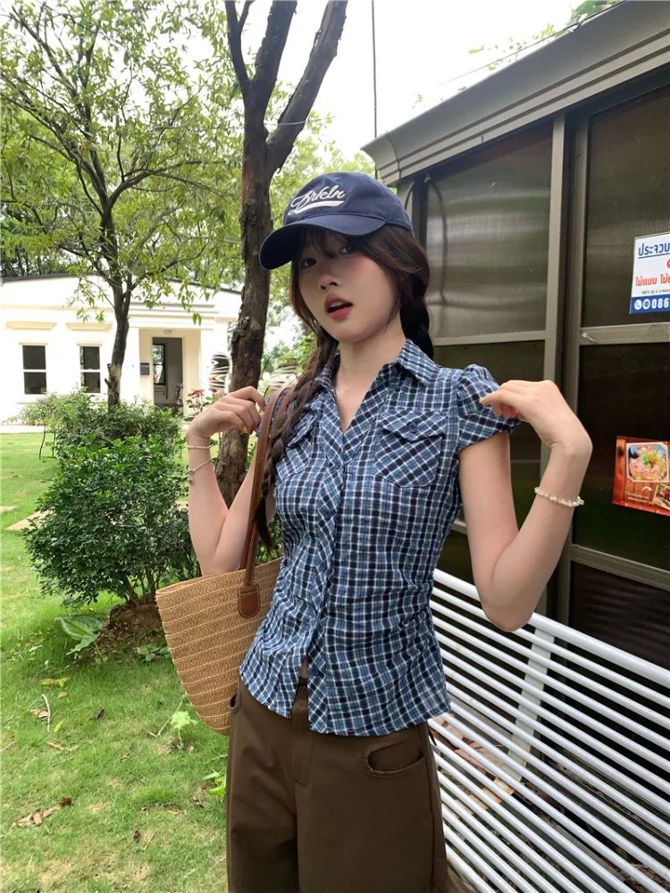 

Retro American Plaid ort Sve Women's irt Summer Design Sense Blue Waist-Cinching Top PPOHOME Bubble Sve Ne