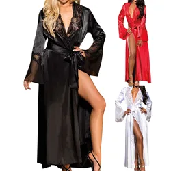 Robe Sleep Suit Sexy Lace Robe Simulation Silk Lace Long Sleepwear See Through Nightwear Gown Bathrobe Black White Nightdress