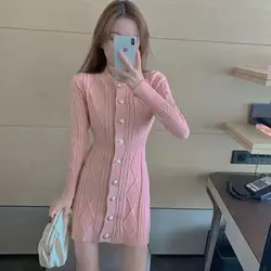 Korean Autumn Winter New Women's O-Neck Solid Single Breasted Fashion Long Sleeve Slim Mid-length A-line Sweater Knitted Dresses