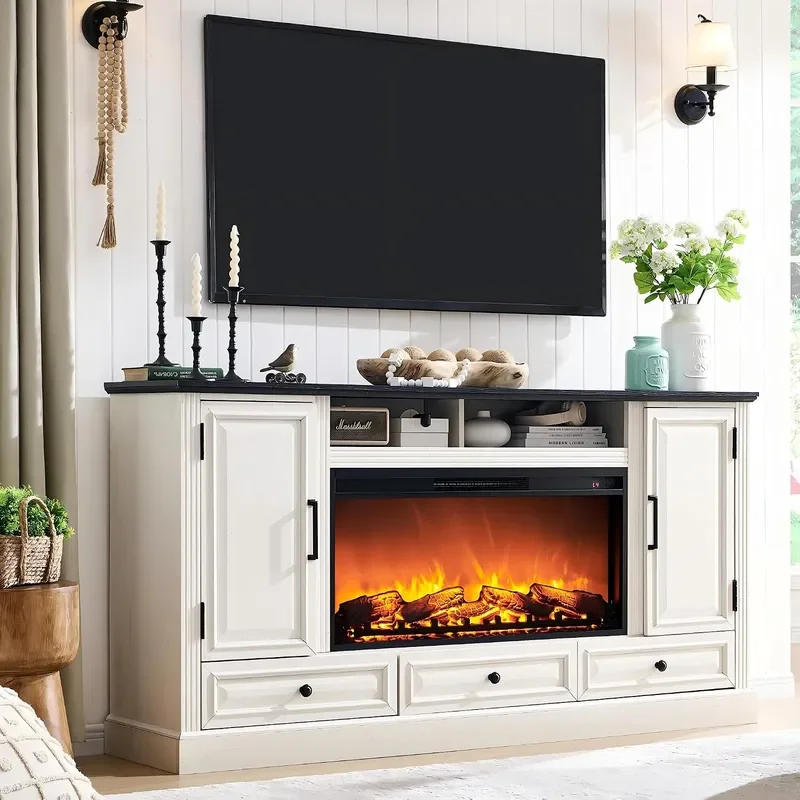 35.7 Tall Farmhouse Fireplace TV Stand for 80 Inch TV Living Room White