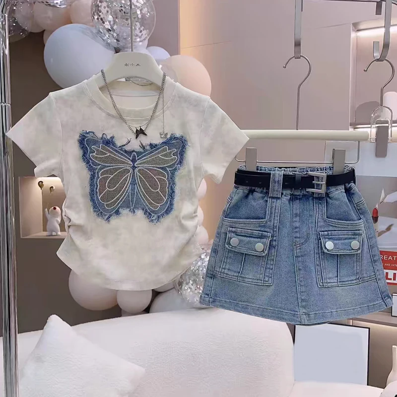 2026 Summer New Girls Sweet Clothing Set Butterfly Embroidery T-shirt+Denim Skirt 2Pcs Suit For 4-12 Years Fashion Outfit