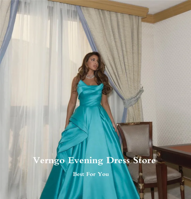 Verngo Hot Pink/Turquoise Silk Satin Long Evening Dresses Strapless Ruffles Side Floor Length Prom Dress Formal Dress Customized