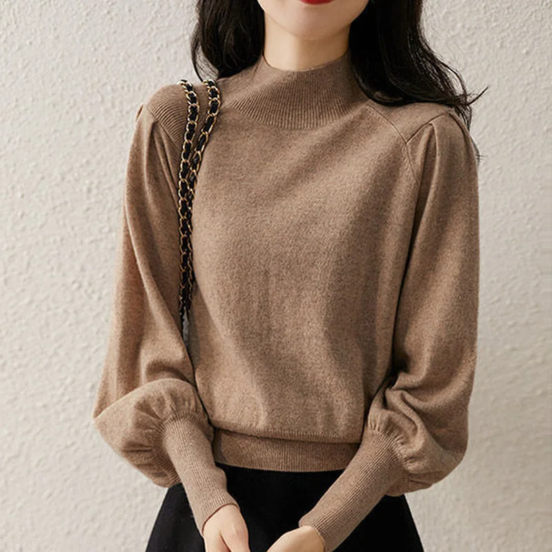 Autumn Winter Sweater Turtleneck Slim Fit Basic Pullovers Fashion Korean Knit Tops Puff Sleeve Womens Sweater Stretch Jumpers