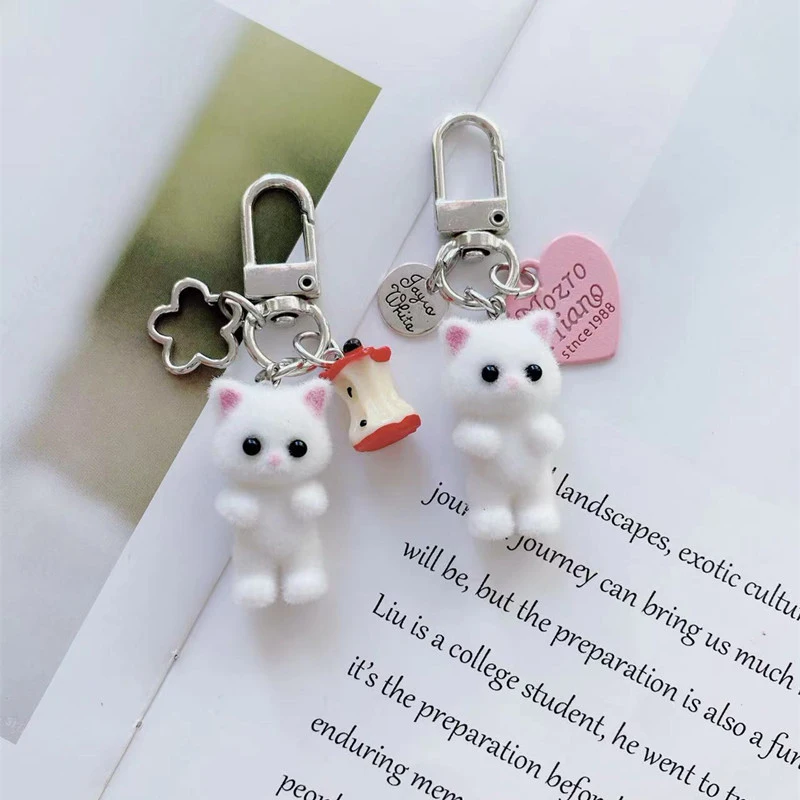 Cute Flocking Cat Keychain Love Phone Pendant Headphone Case Charm Bag Decoration Car Key Ring Jewelry Gift