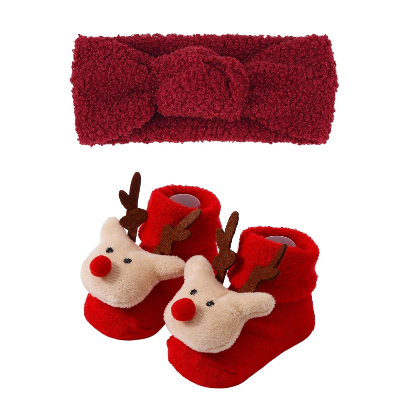 2 قطعة الصوف الطفل عقال عمامة معقود الفتيات إِلْكَة عيد الميلاد الجوارب مجموعة عمامة لحديثي الولادة الشتاء الدافئ رباط شعر هدية عيد الميلاد للأطفال