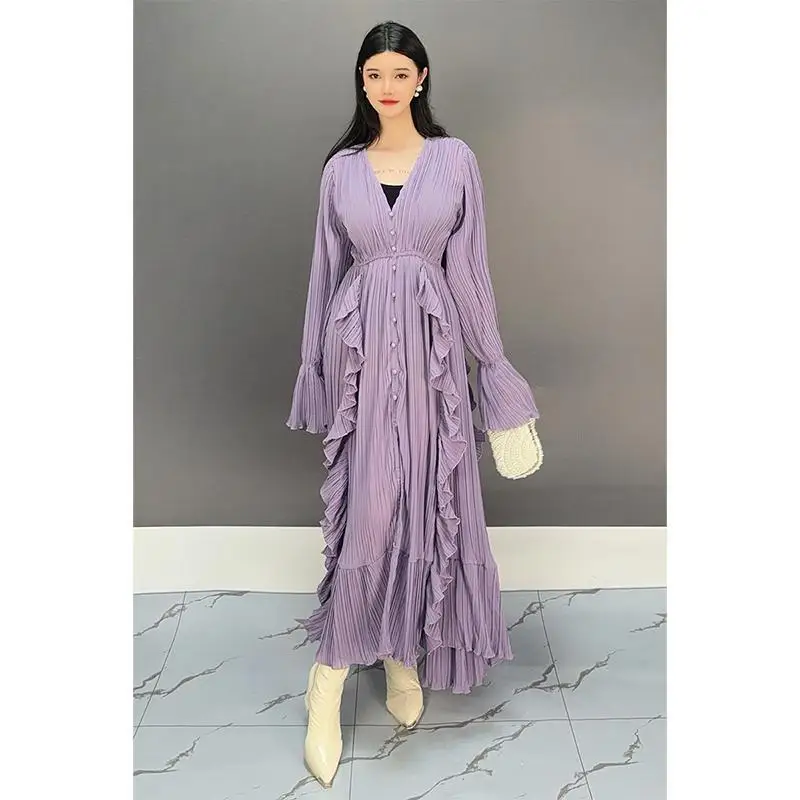 Vefadisa 2024 Autumn New Lavender Women Dresses V-neck Long Sleeve Waist Swing Dress Temperament Fashion Elegant Dress  ZXY1129A