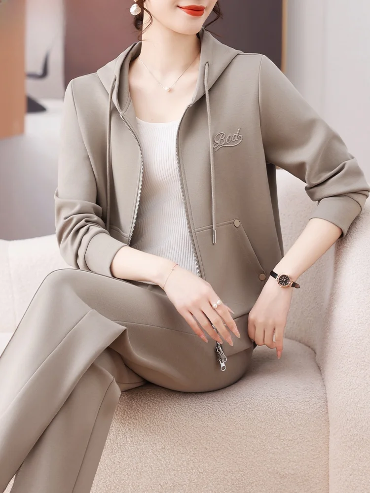 

Spring Faion Hooded Jaet Set for 50 Year Old Women Casual Loose Fit Zipper Closure Long Pants Polyester Cotton Blend