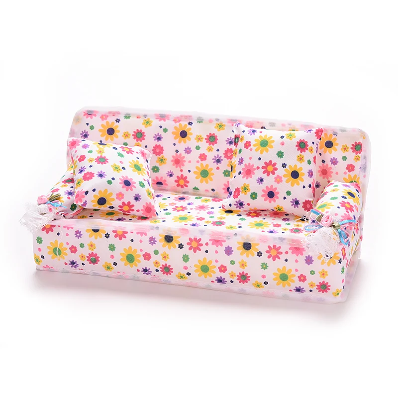 1 Set Cute Miniature Doll House Furniture Flower Cloth Sofa With 2 Cushions Pretend Play For Doll Kids Play House Toys