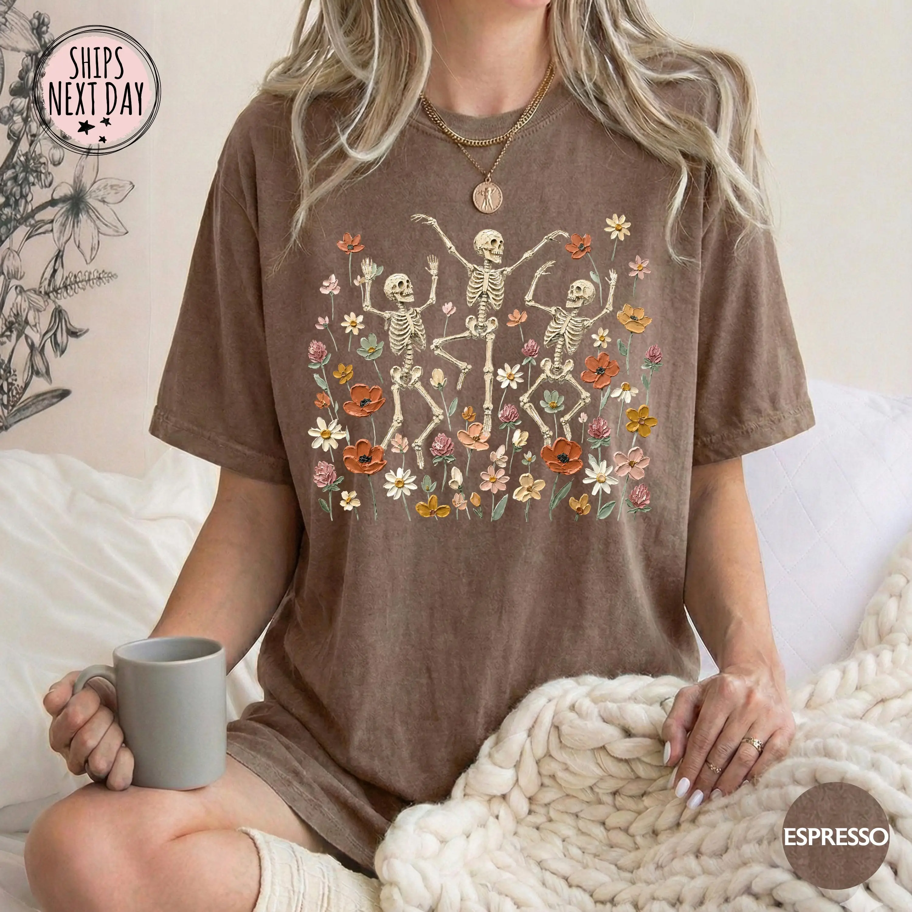 Dancing Skeleton Fall Shirt - Cute Floral Skeleton Graphic Tee - Spooky Season Halloween T-Shirt